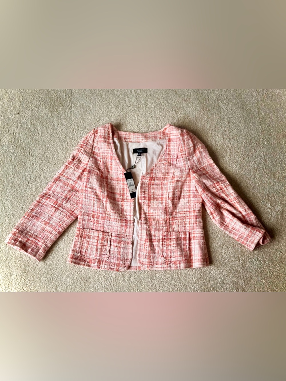 NWT Talbots Light Pink & Orange Plaid Tweed Coat Size 8